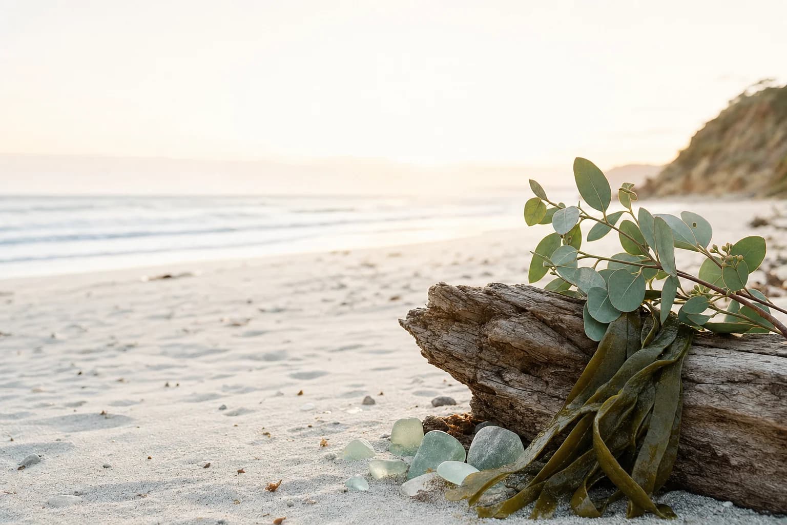 Sun-washed coast with sea botanicals